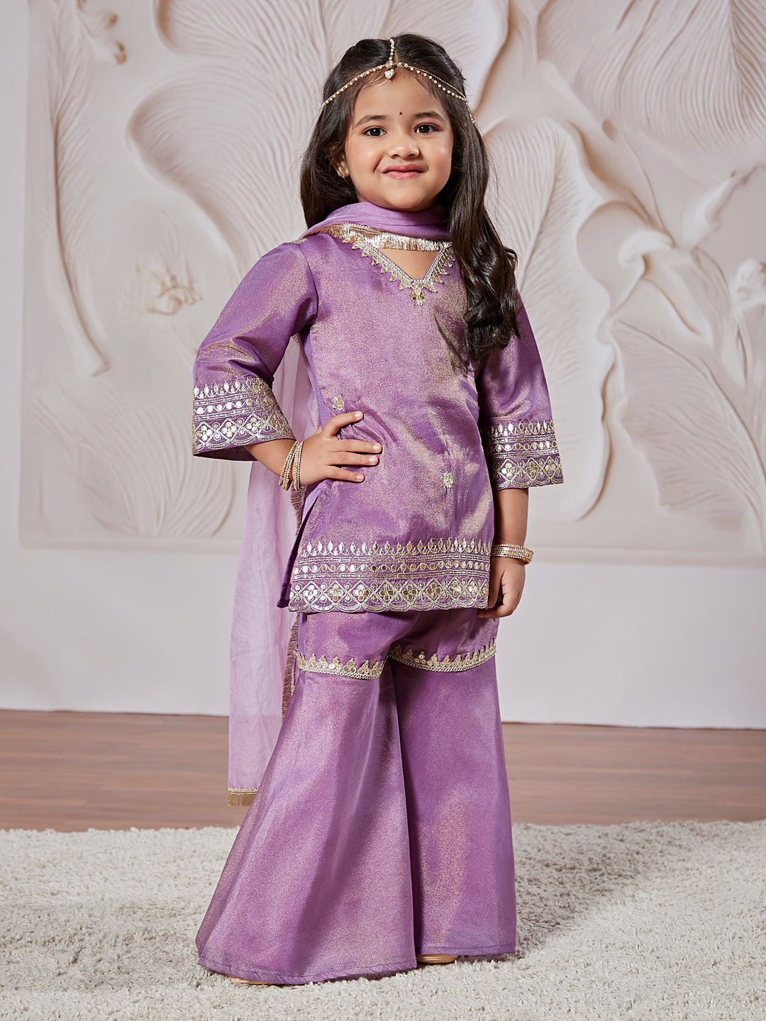 Girl's' Lavender Kurta Sharara And Dupatta Set