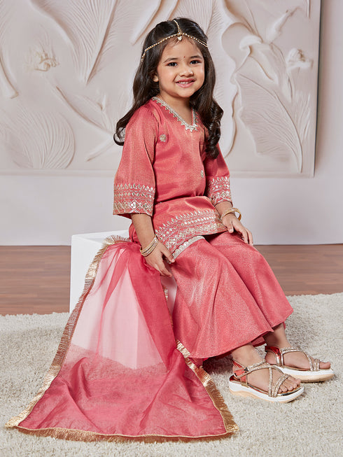 Girl's' Rose Pink Kurta Sharara And Dupatta Set