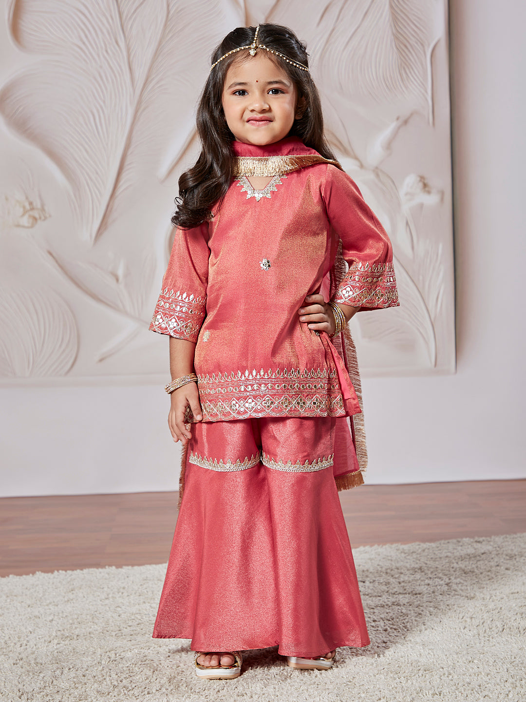 Girl's' Rose Pink Kurta Sharara And Dupatta Set