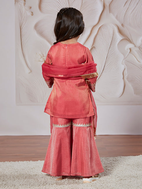 Girl's' Rose Pink Kurta Sharara And Dupatta Set