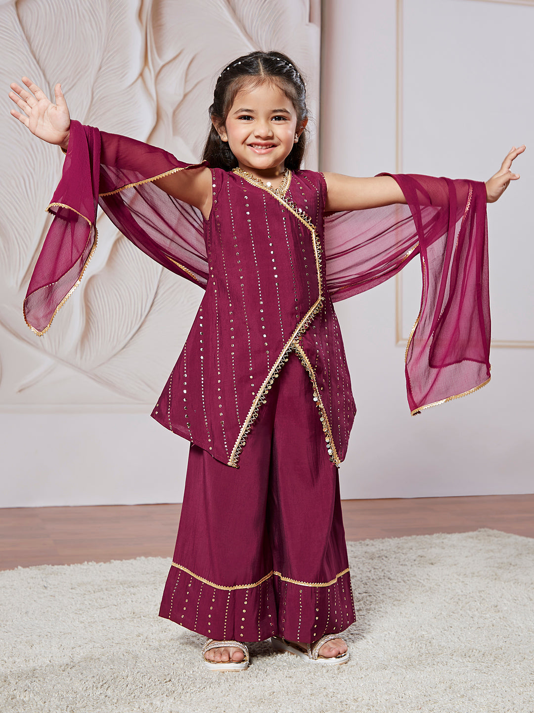 Girl's' Wine Kurta Set With Dupatta