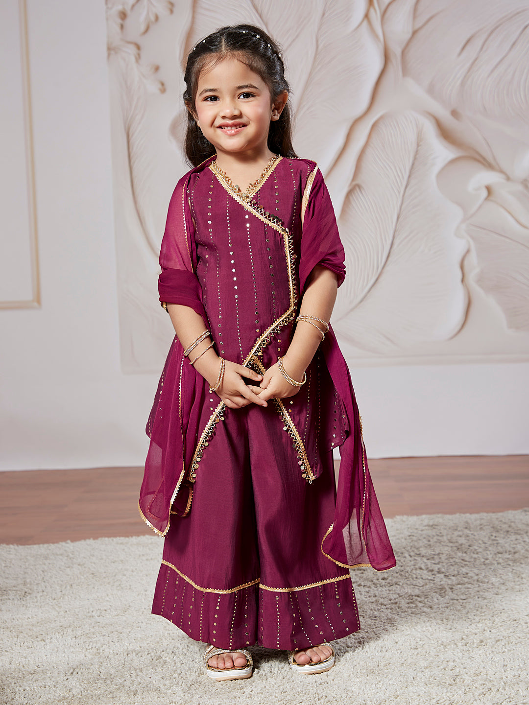 Girl's' Wine Kurta Set With Dupatta