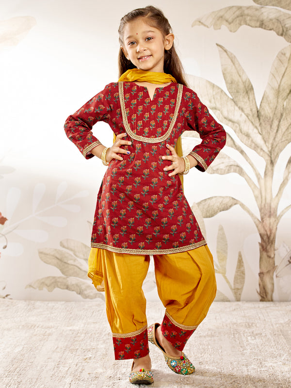 Girl's Red Floral Kurta Patiala Set