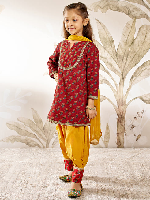 Girl's Red Floral Kurta Patiala Set
