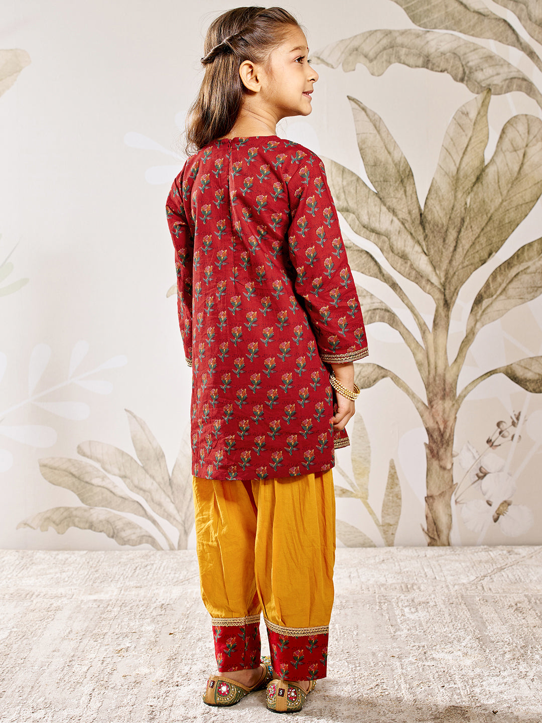 Girl's Red Floral Kurta Patiala Set