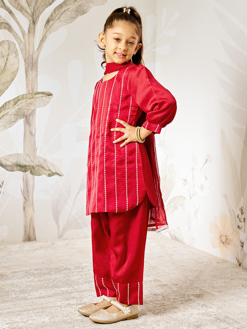 Girl's Maroon Sequin Kurta Patiala Set With Dupatta