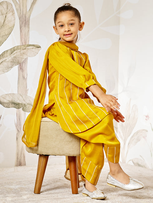 Girl's Mustard Sequin Kurta Patiala Set With Dupatta