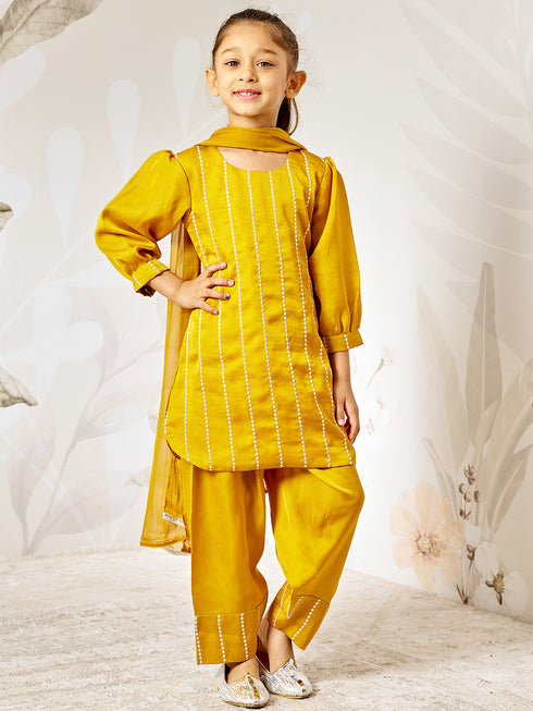 Girl's Mustard Sequin Kurta Patiala Set With Dupatta