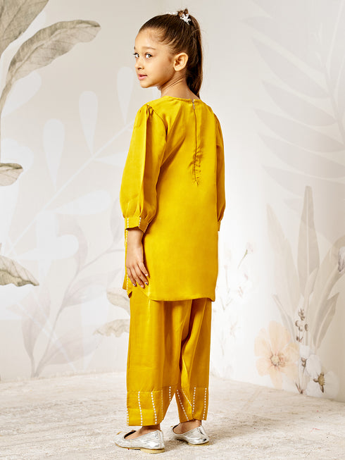 Girl's Mustard Sequin Kurta Patiala Set With Dupatta