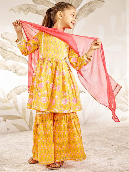 Orange Floral Print Kurta Set With Sharara And Dupatta