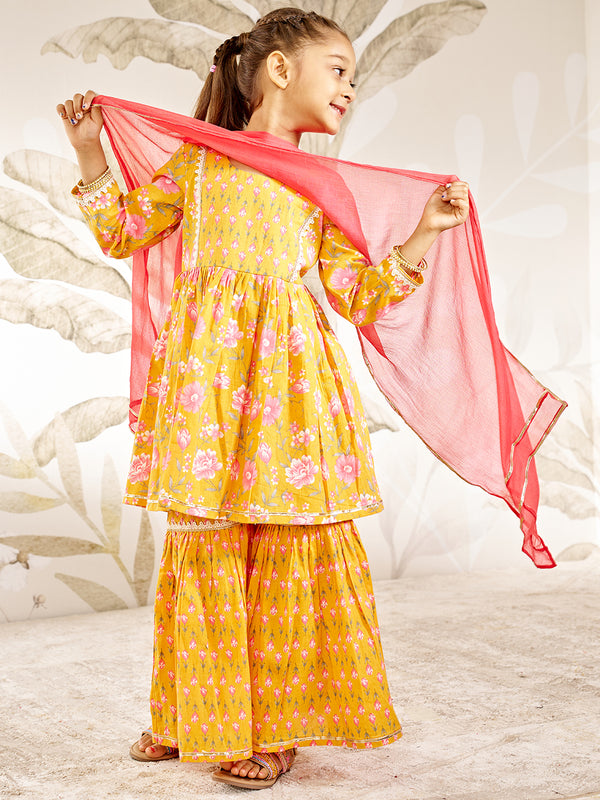 Orange Floral Print Kurta Set With Sharara And Dupatta
