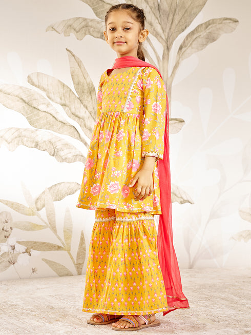 Orange Floral Print Kurta Set With Sharara And Dupatta