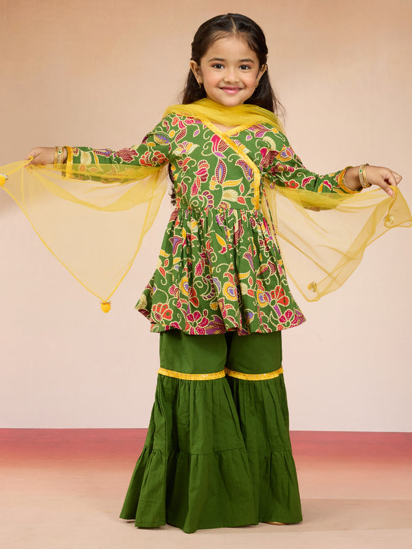 Vastramay Girls' Green Cotton Kurta with Sharara Set
