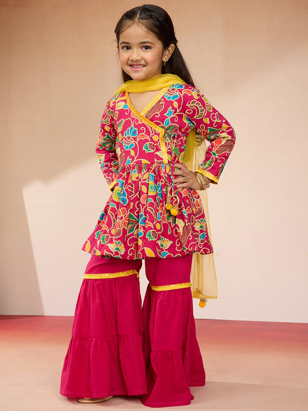 Vastramay Girls Pink Cotton Kurta Set with Sharara