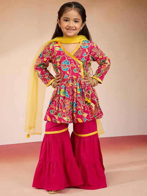 Vastramay Girls Pink Cotton Kurta Set with Sharara