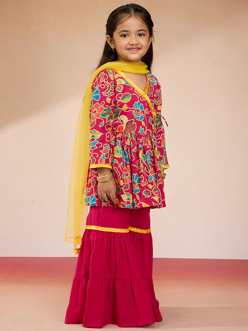 Vastramay Girls Pink Cotton Kurta Set with Sharara