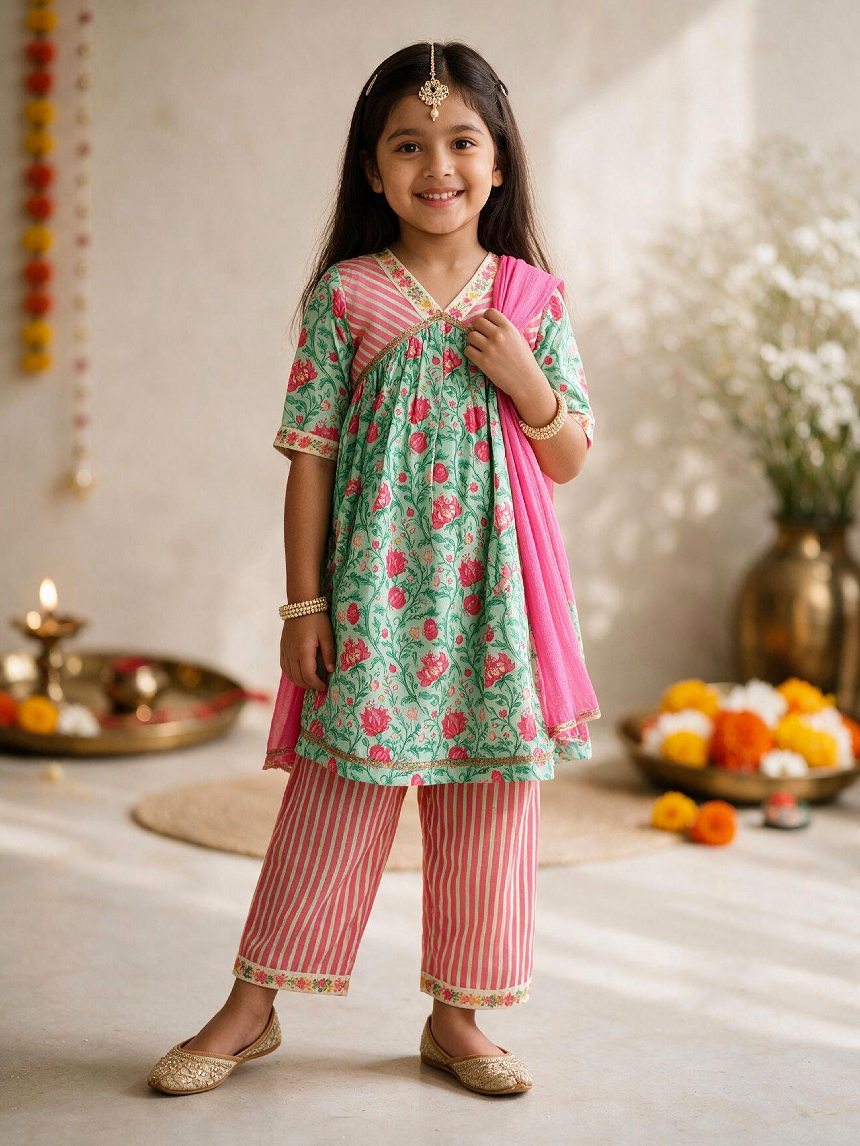 Girls Mint Cotton-Blend Floral Print Thigh Length Kurta with Pyjama and Dupatta Set