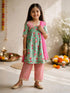 Girls Mint Cotton-Blend Floral Print Thigh Length Kurta with Pyjama and Dupatta Set