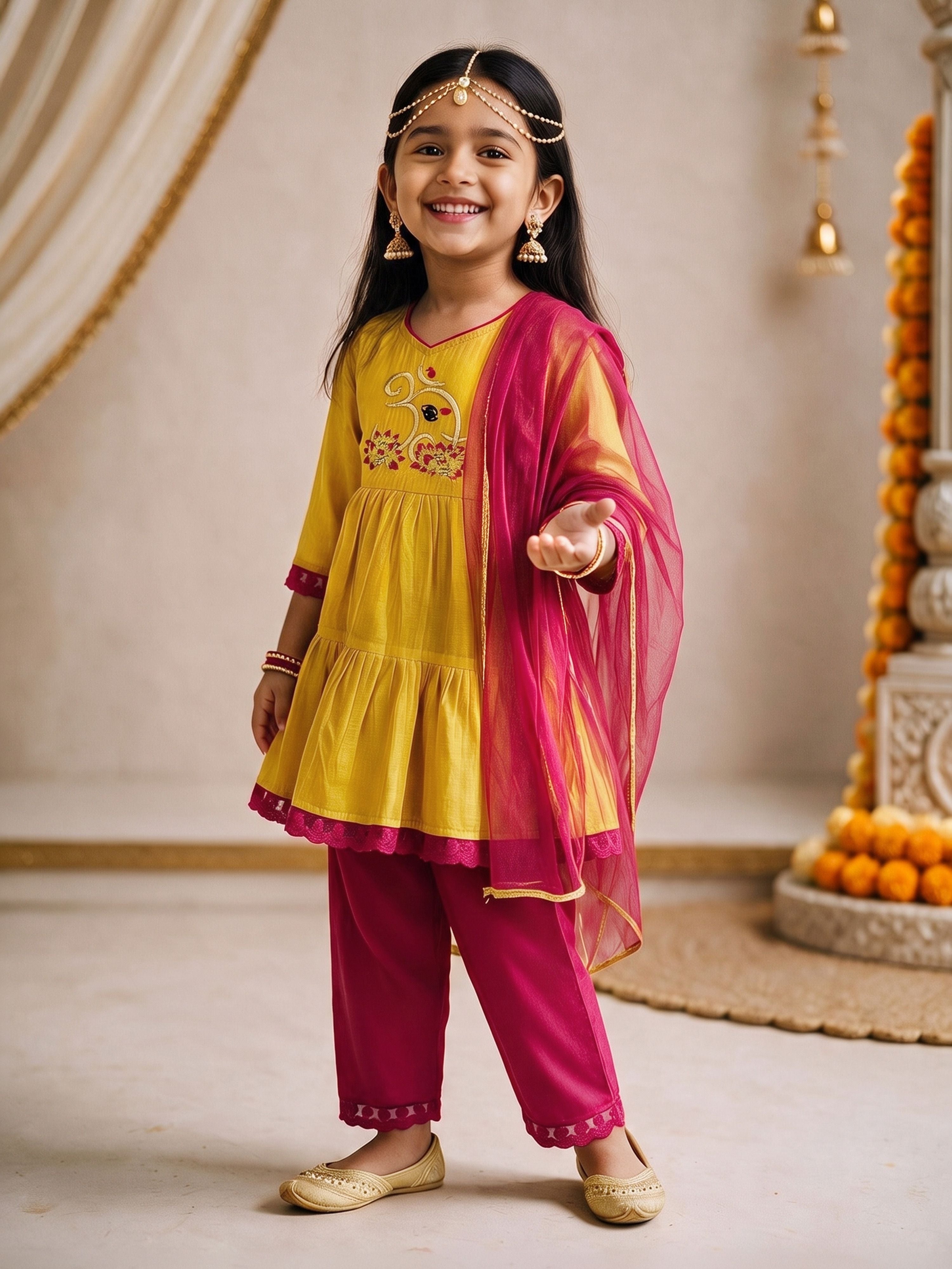 Girls Mustard Chanderi Embroidered Kurta Set with Dupatta