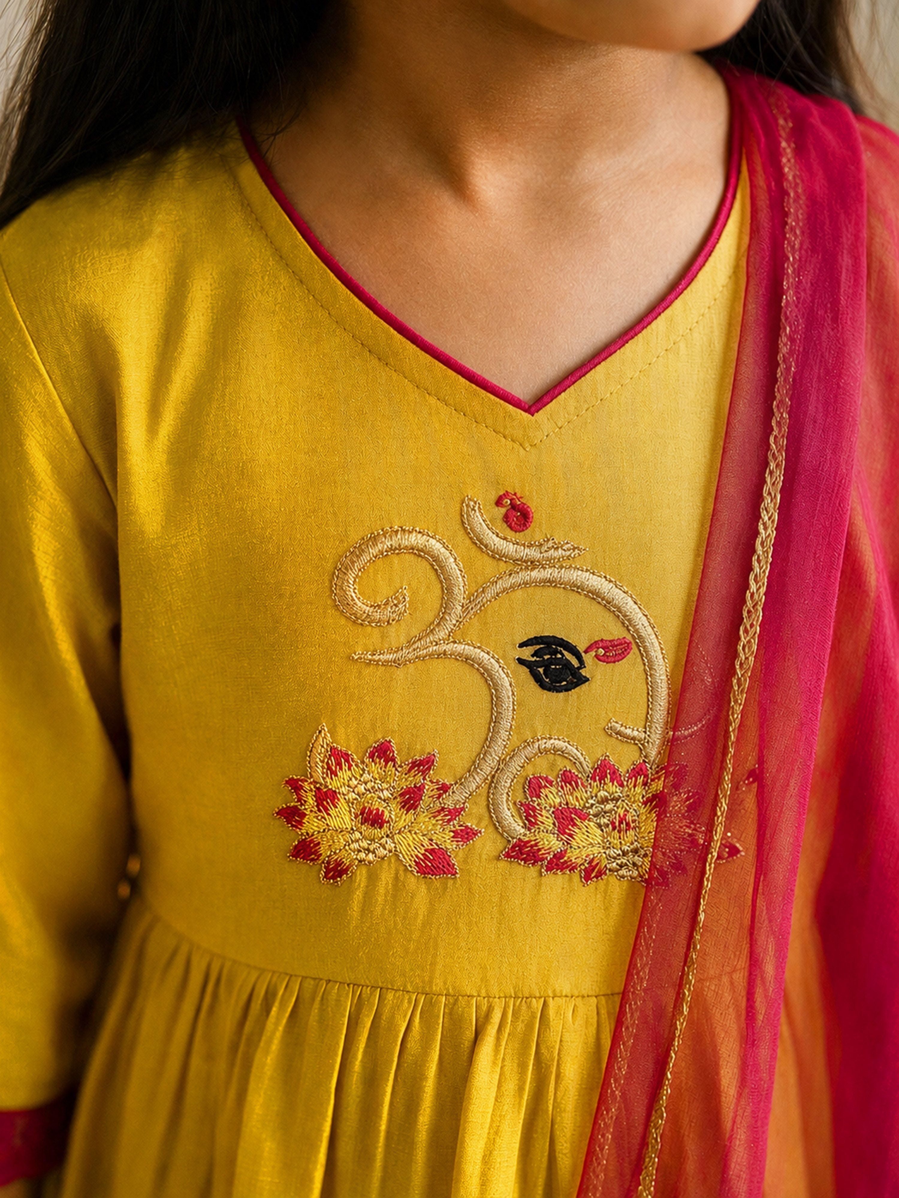 Girls's Mustard Chanderi Embroidered Thigh Length Kurta With Pyjama And Dupatta