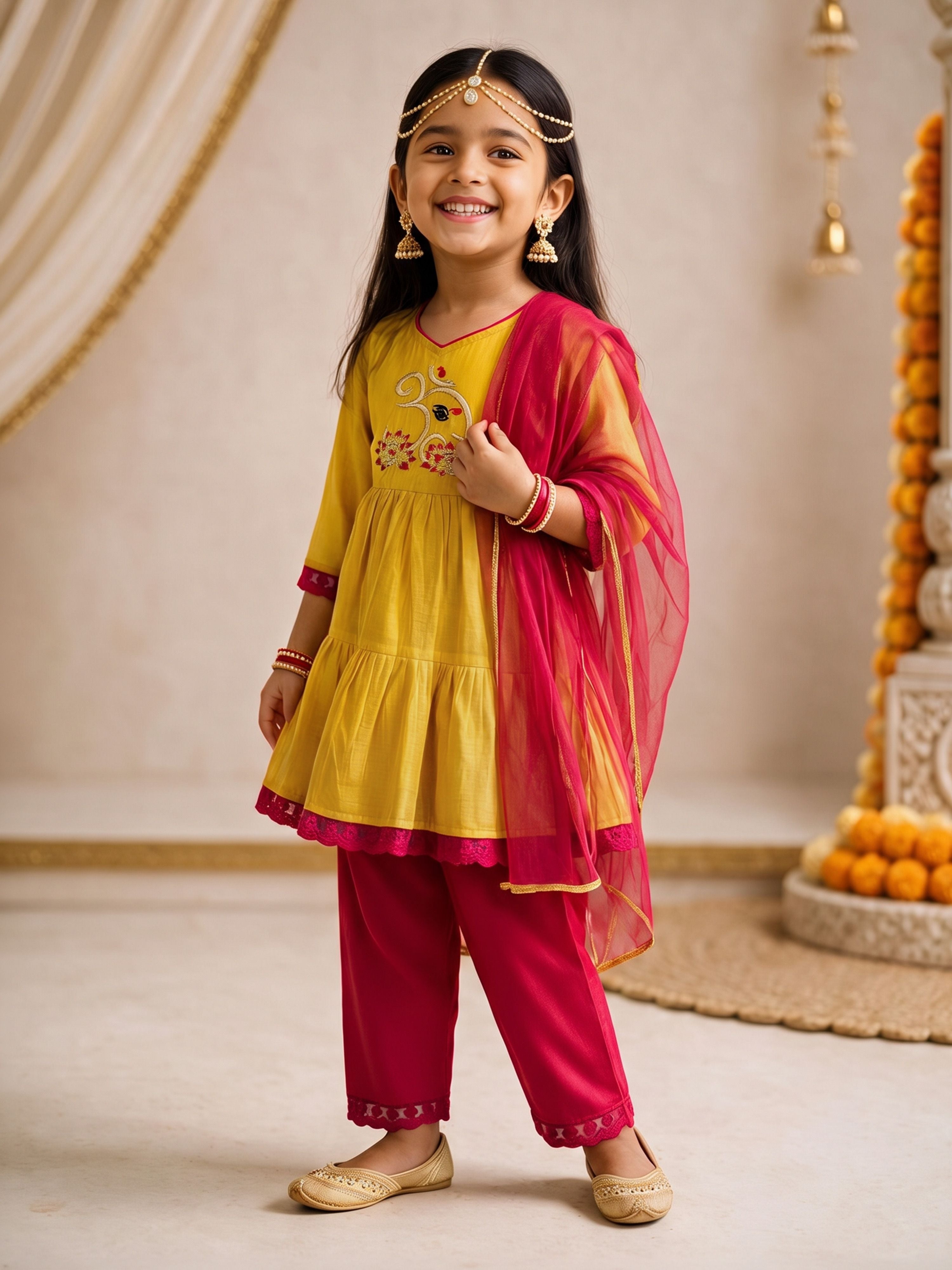 Girls's Mustard Chanderi Embroidered Thigh Length Kurta With Pyjama And Dupatta