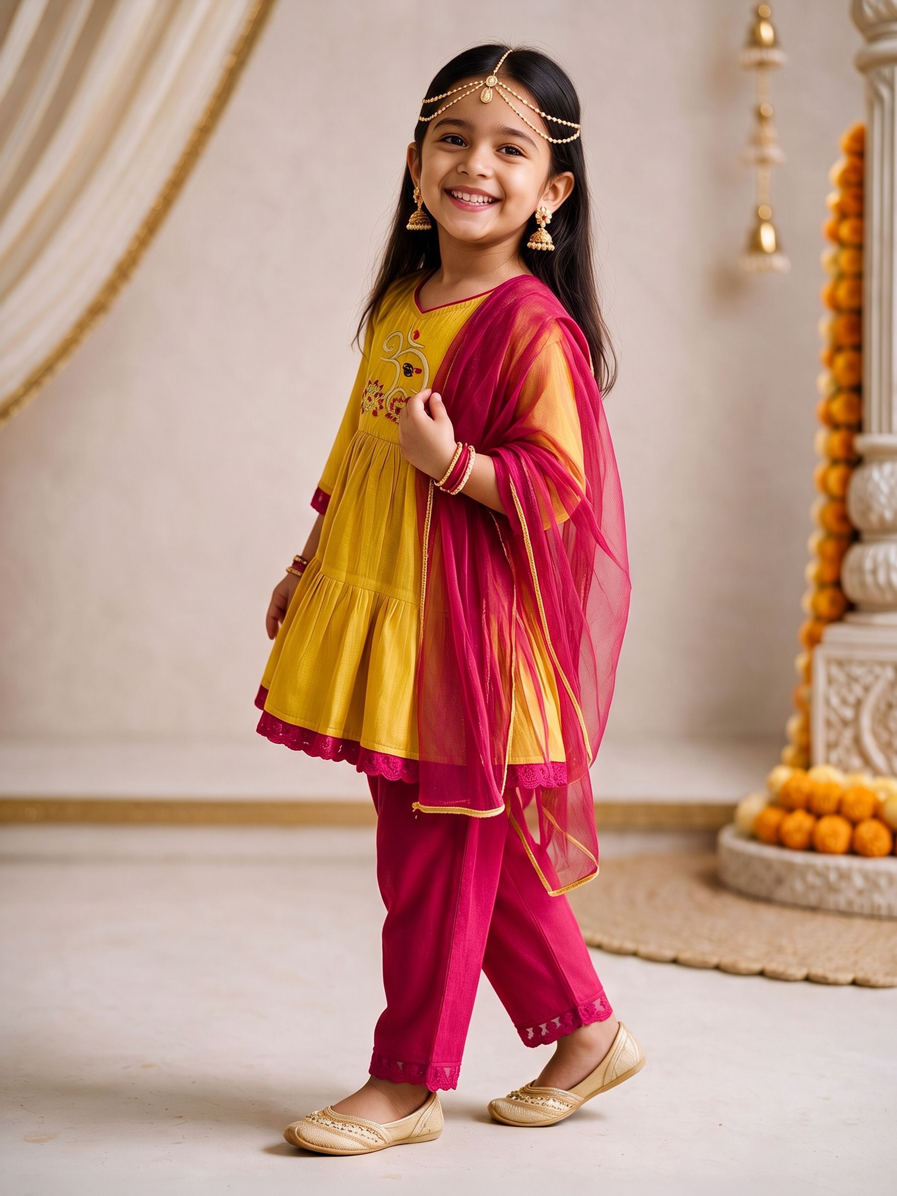 Girls's Mustard Chanderi Embroidered Thigh Length Kurta With Pyjama And Dupatta