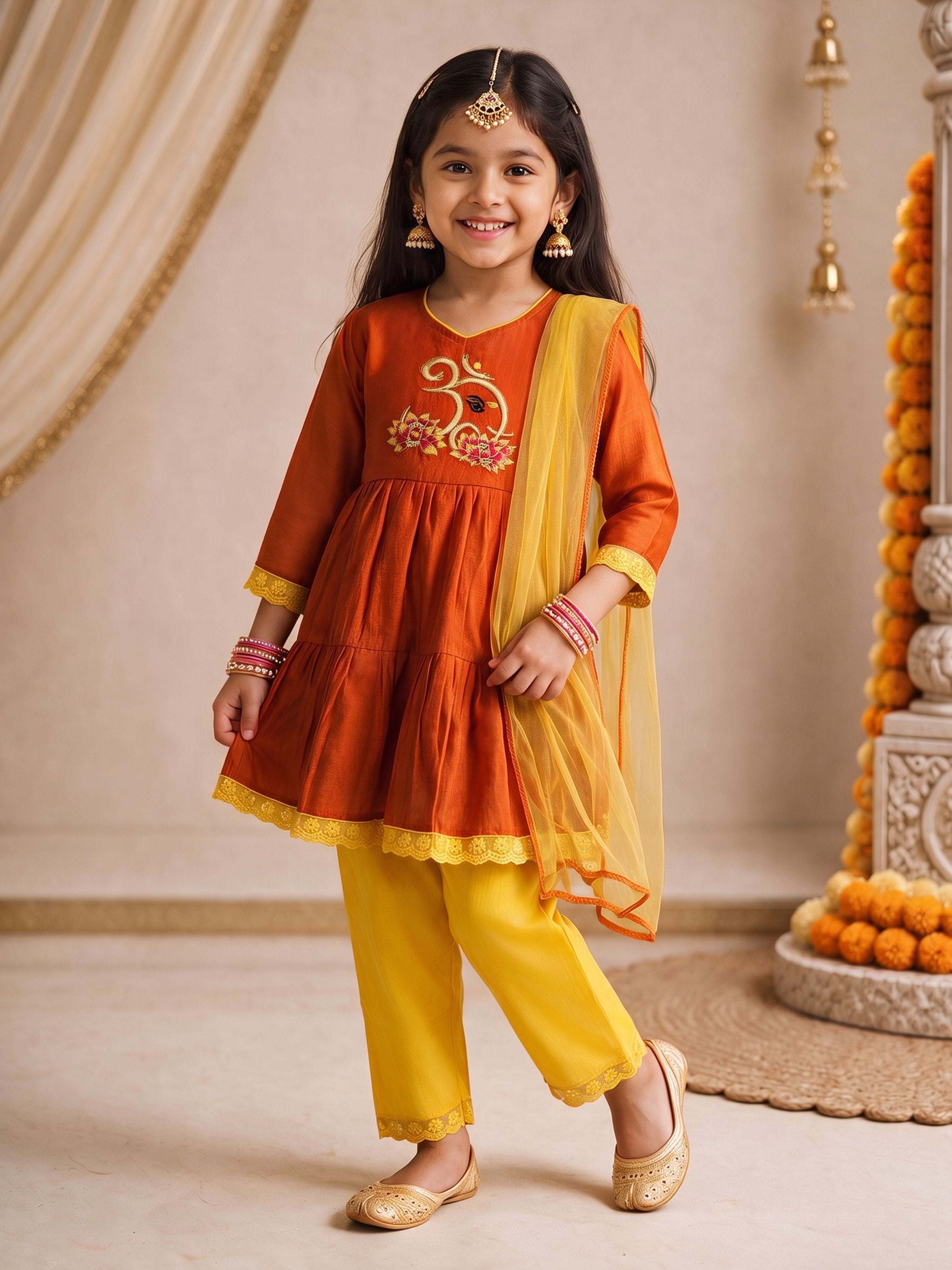 Girls's Orange Chanderi Embroidered Thigh Length Kurta With Pyjama And Dupatta