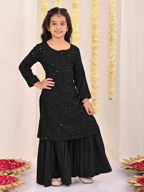 Girl's' Black Embellished Kurta Palazzo Set