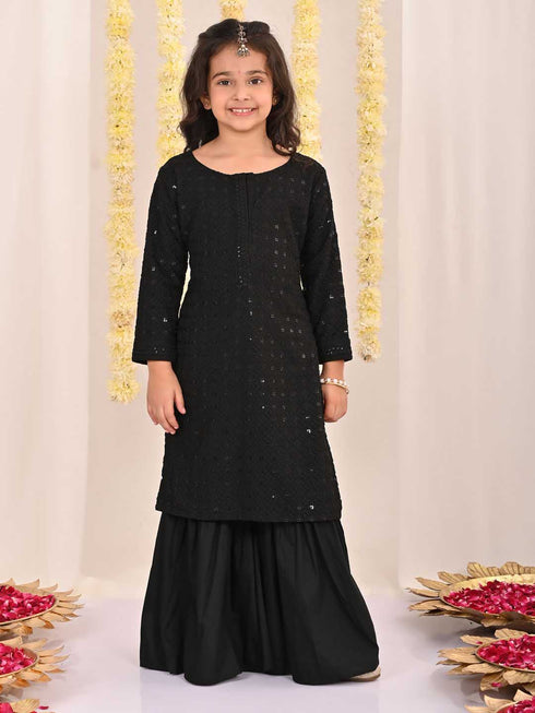 Girl's' Black Embellished Kurta Palazzo Set