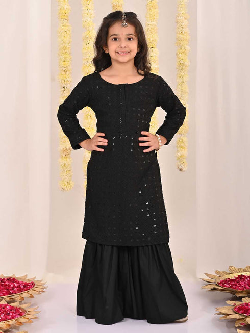 Girl's' Black Embellished Kurta Palazzo Set