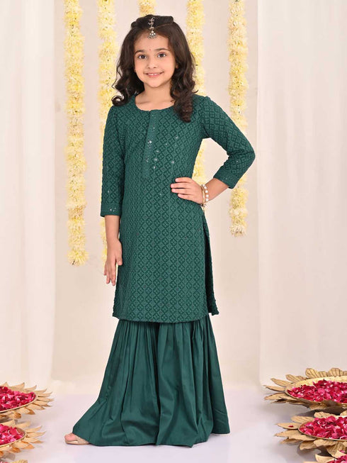 Girl's' Green Embellished Kurta Palazzo Set