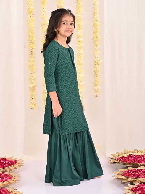 Girl's' Green Embellished Kurta Palazzo Set