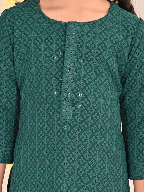 Girl's' Green Embellished Kurta Palazzo Set