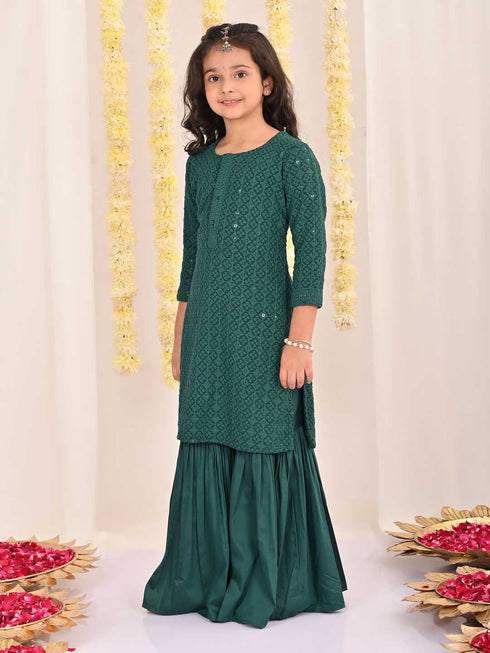 Girl's' Green Embellished Kurta Palazzo Set