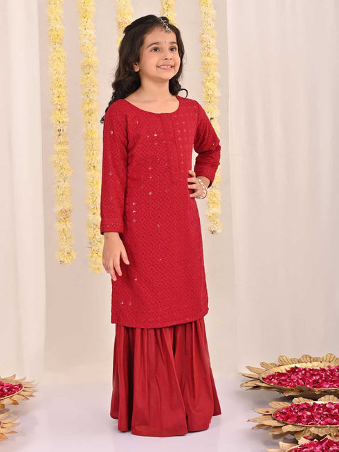 Girl's' Maroon Embellished Kurta Palazzo Set