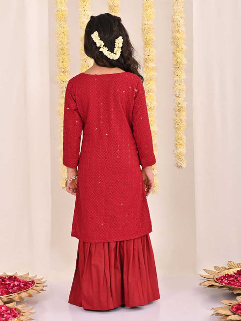 Girl's' Maroon Embellished Kurta Palazzo Set