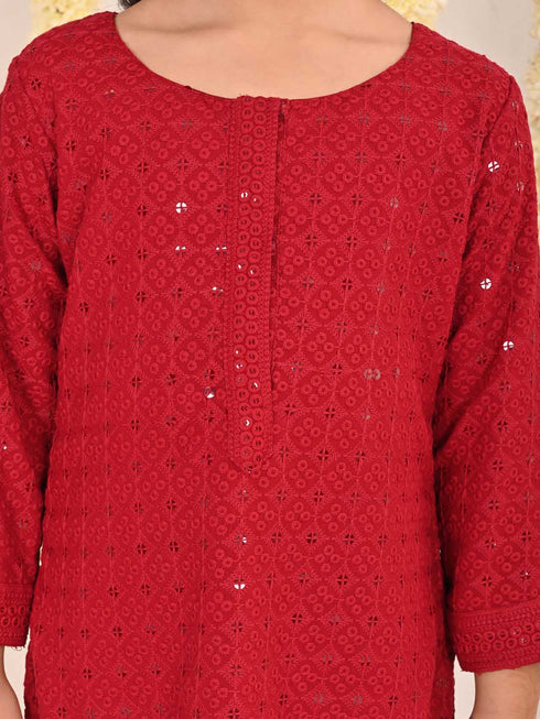 Girl's' Maroon Embellished Kurta Palazzo Set