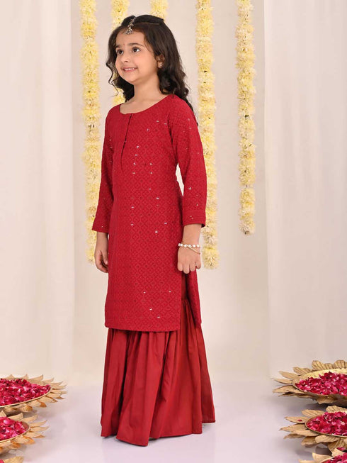 Girl's' Maroon Embellished Kurta Palazzo Set