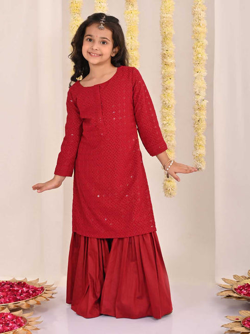 Girl's' Maroon Embellished Kurta Palazzo Set