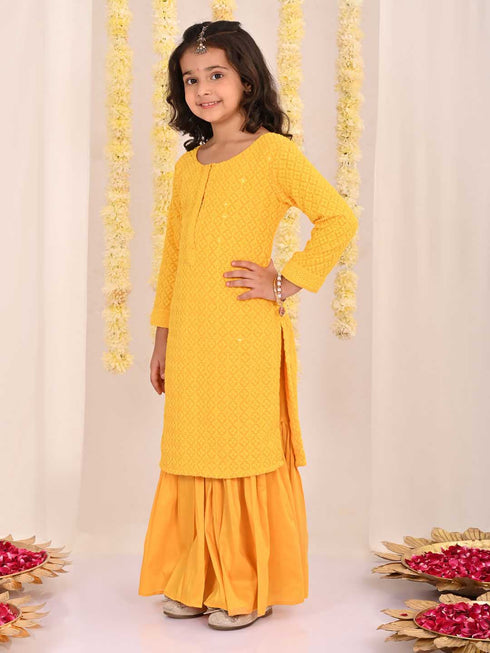 Girl's' Yellow Embellished Kurta Palazzo Set