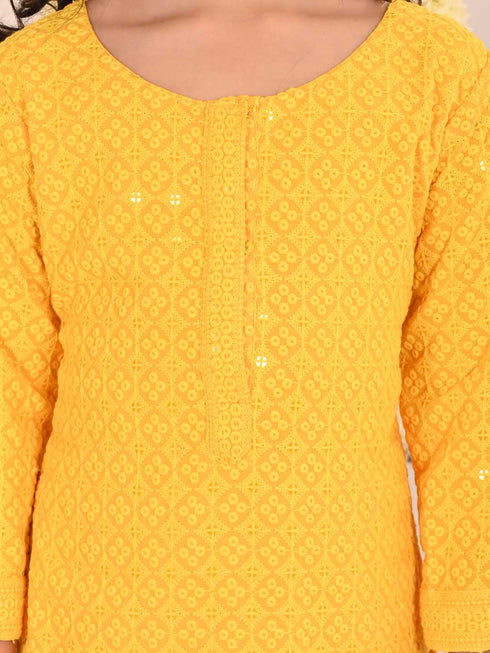 Girl's' Yellow Embellished Kurta Palazzo Set