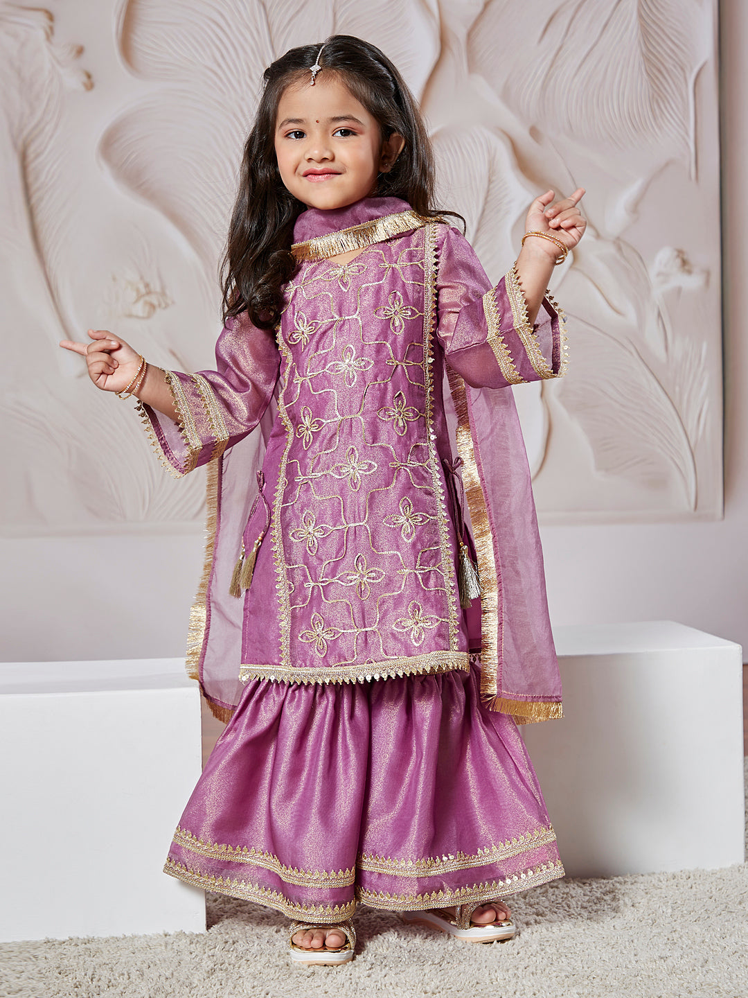 Girl's' Purple Kurta Sharara Set With Dupatta
