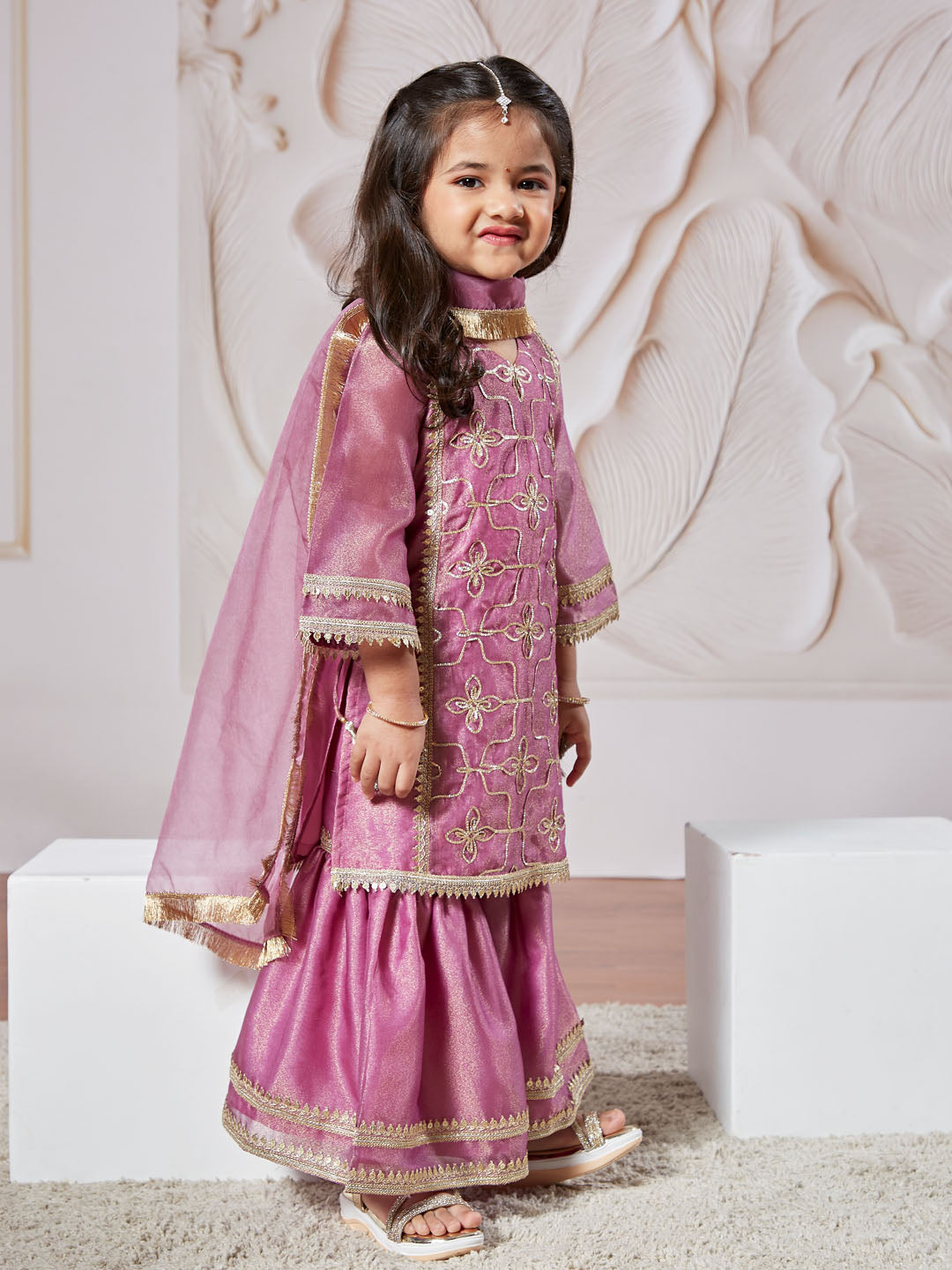 Girl's' Purple Kurta Sharara Set With Dupatta