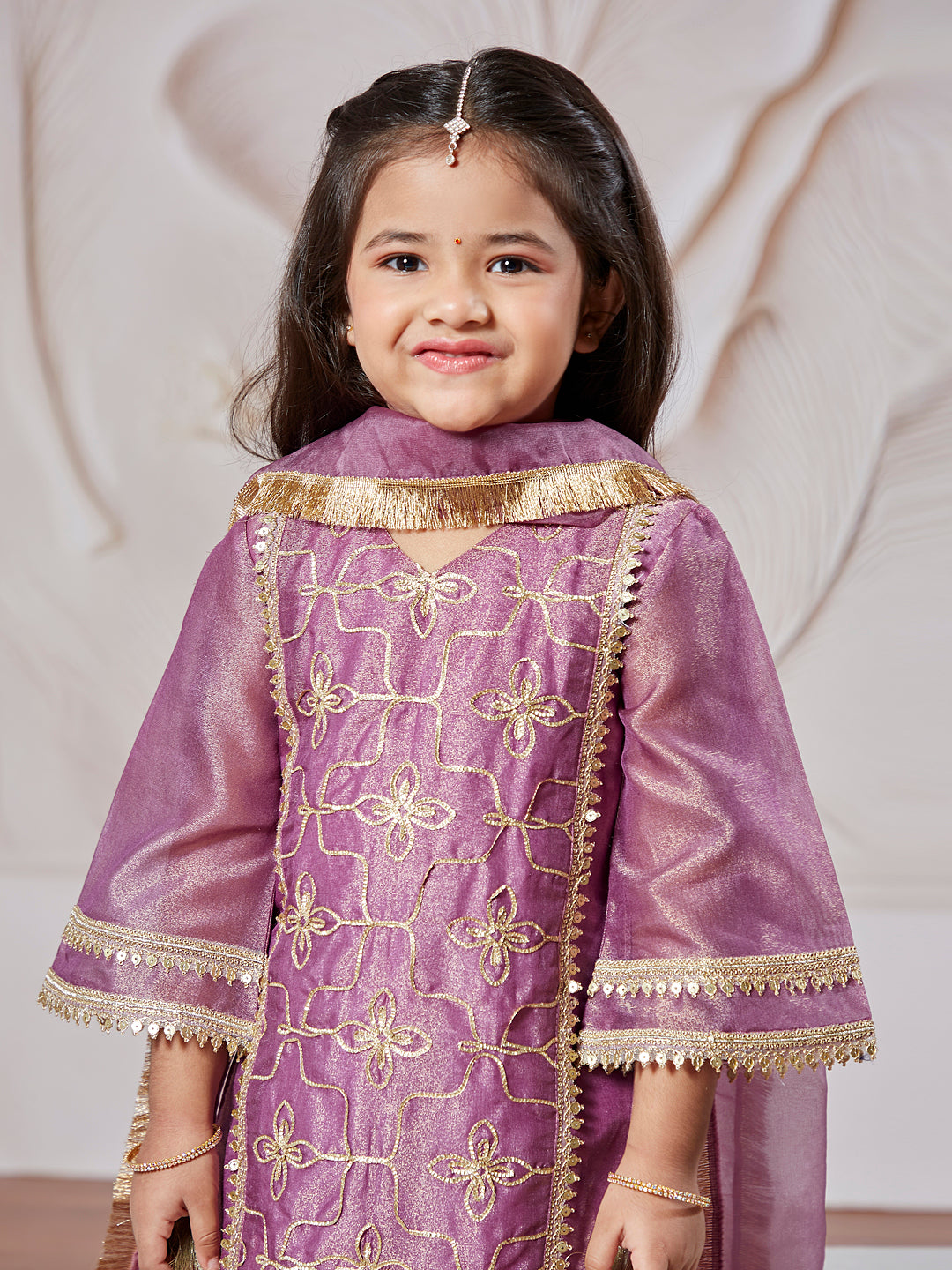 Girl's' Purple Kurta Sharara Set With Dupatta