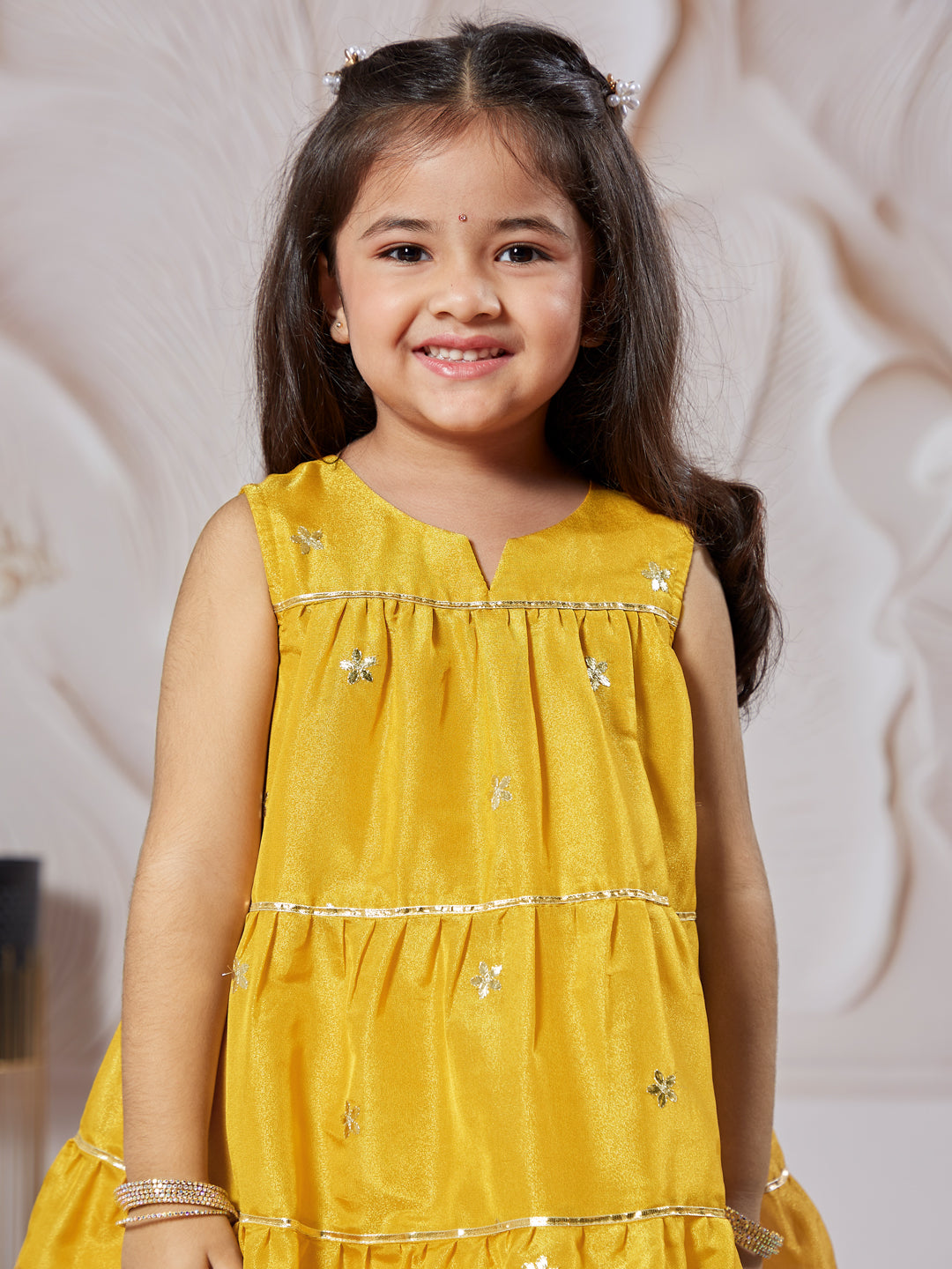 Girl's' Mustard Kurta Palazzo Set With Potli