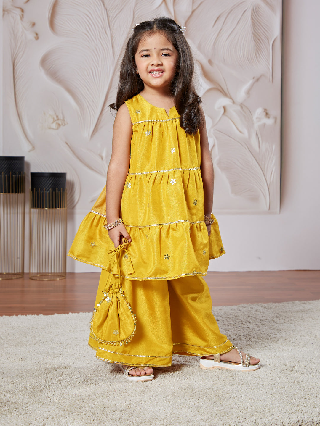 Girl's' Mustard Kurta Palazzo Set With Potli