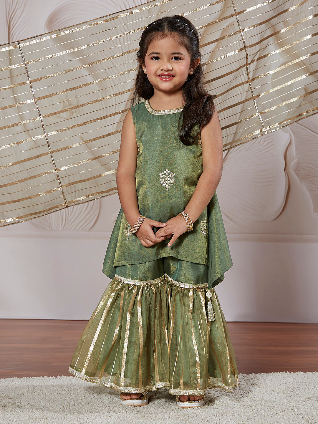 Girl's' Green Kurta Sharara Set With Dupatta