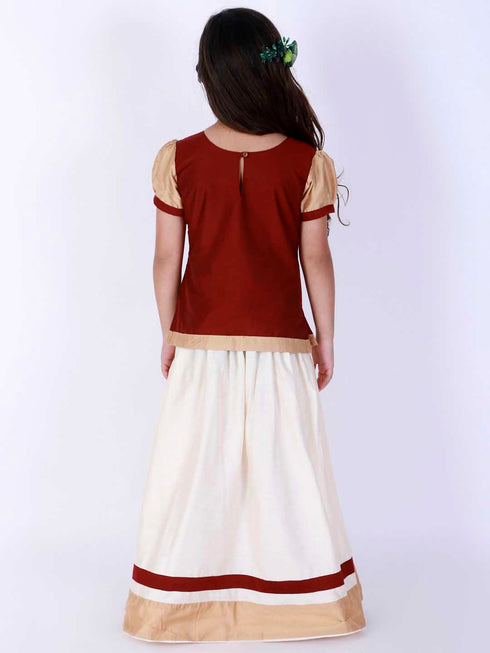 Girl's Maroon & White Pavda Pattu Lehenga Choli Set