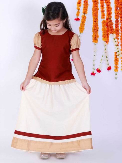 Girl's Maroon & White Pavda Pattu Lehenga Choli Set