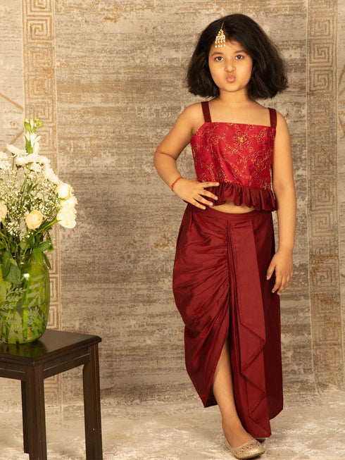 Girl's Maroon Draped Skirt With Crop Top